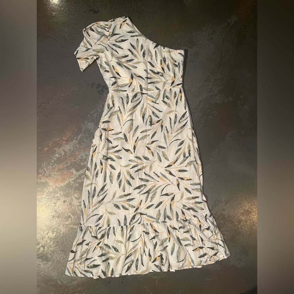 Moodie One-Shoulder Leaf Print Dress - Cream and olive